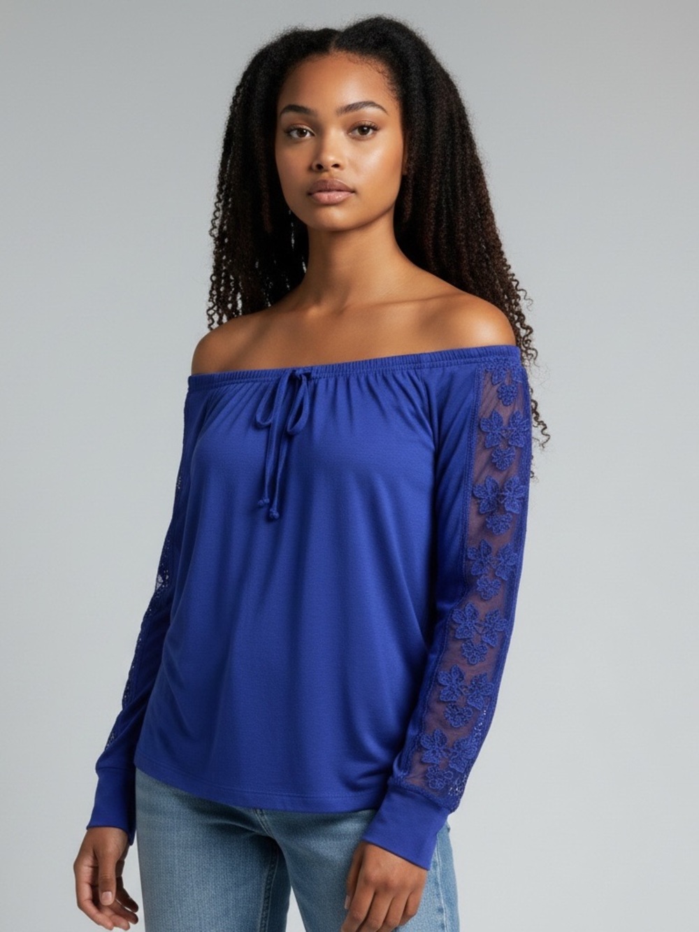 La Perla English Rose Off-Shoulder Lace-Sleeve Women's Top in Violet